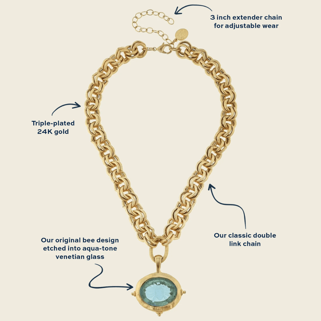 Aqua Venetian Glass Bee Necklace - Lizzy G's Fine Gifts