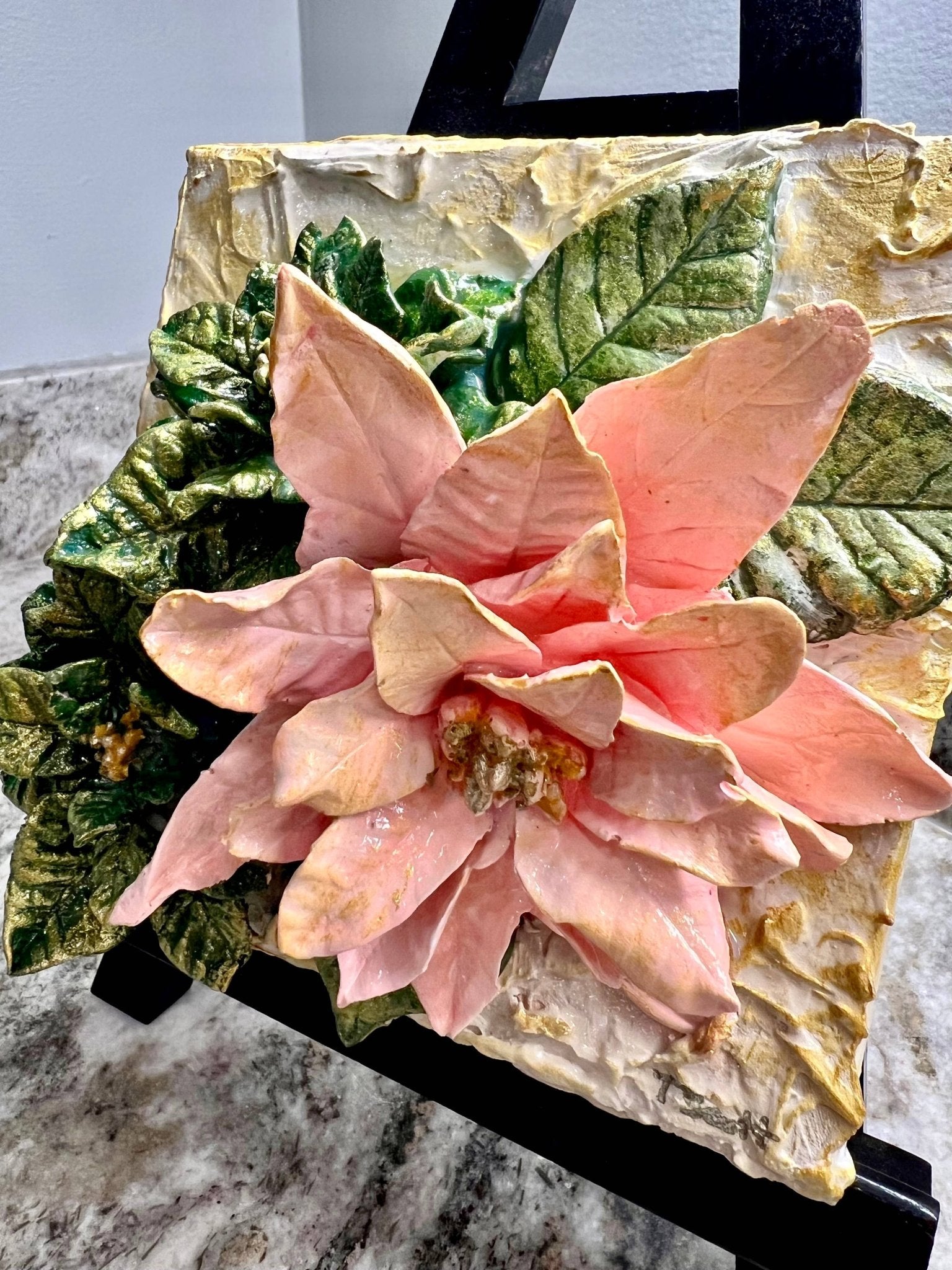 Christmas Poinsettia & Holly Bouquet Sculpted Art Block - 6x6 - Lizzy G's Fine Gifts