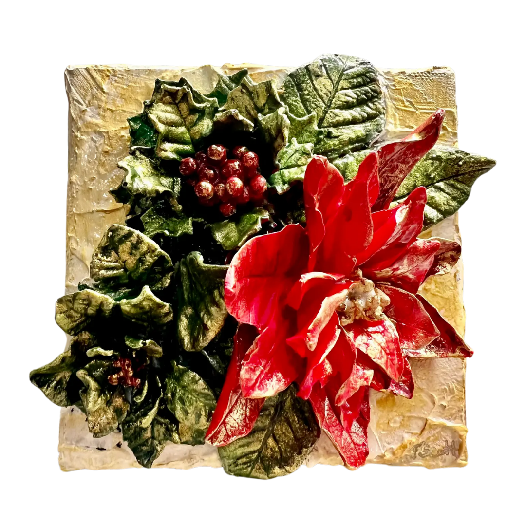 Christmas Poinsettia & Holly Bouquet Sculpted Art Block - 6x6 - Lizzy G's Fine Gifts