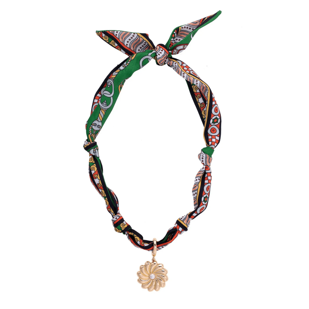 Gertrude Pearl Flower Scarf Necklace in Green/Black/Orange - Lizzy G's Fine Gifts