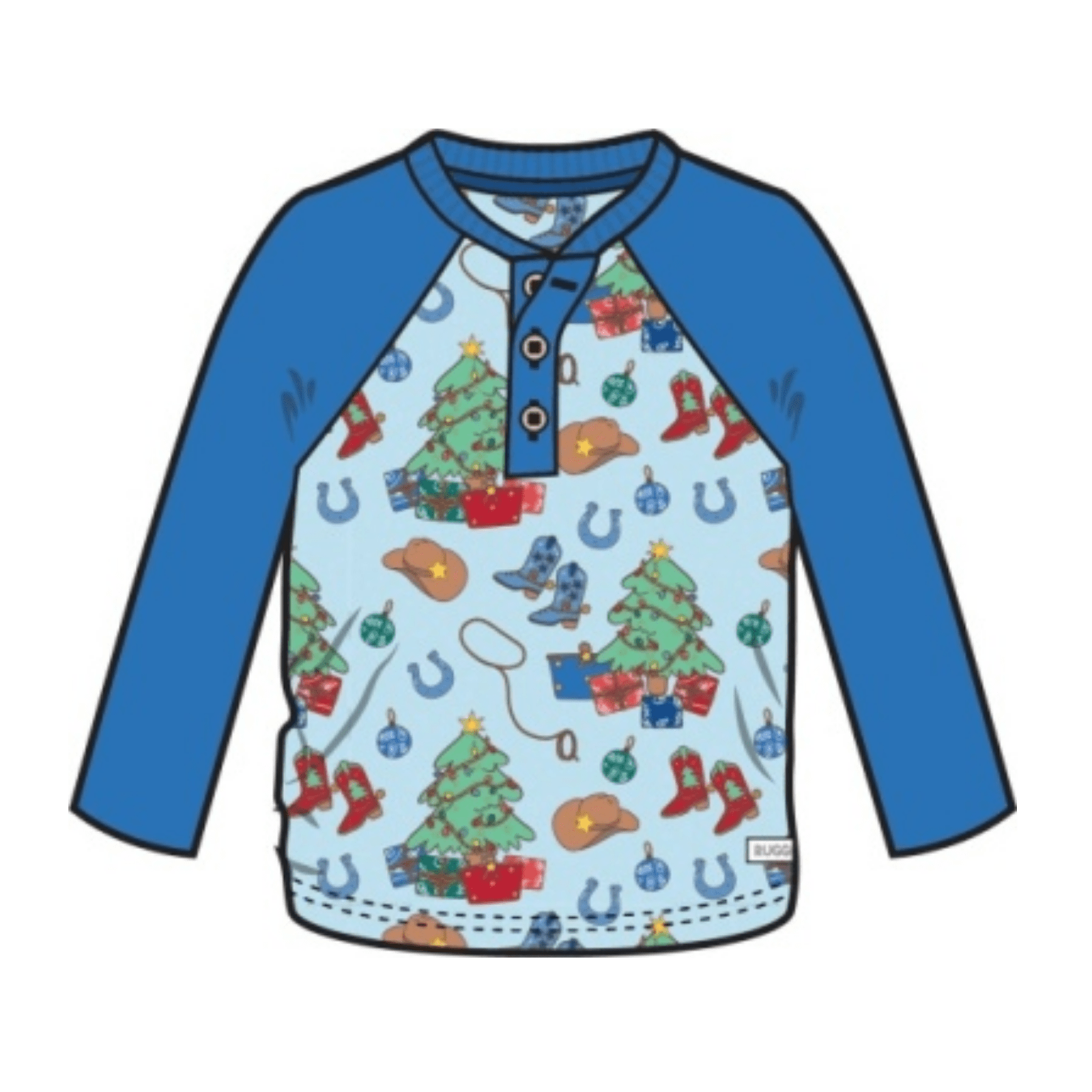 Long Sleeve Raglan Henley - Blue Yuletide Yeehaw - Lizzy G's Fine Gifts