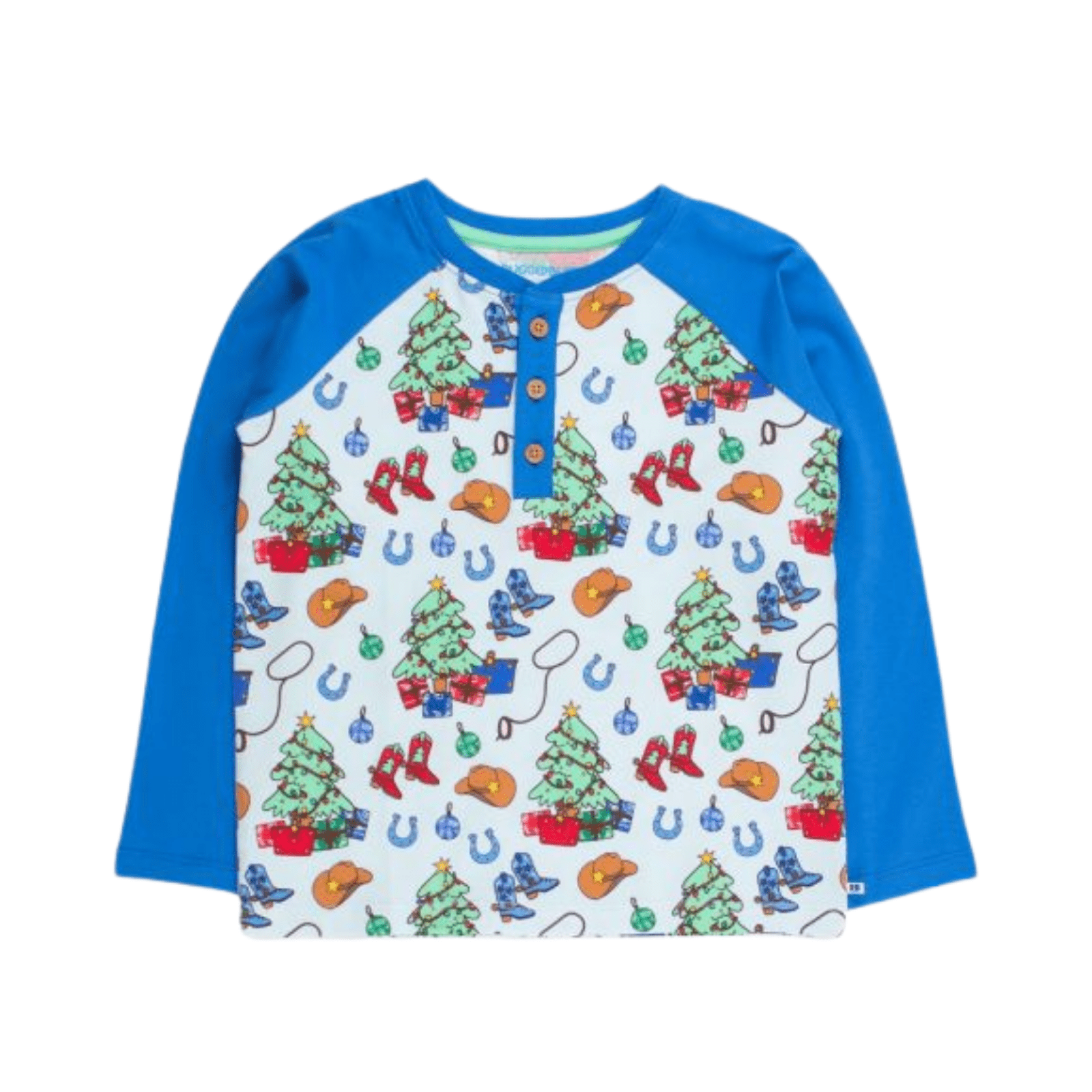 Long Sleeve Raglan Henley - Blue Yuletide Yeehaw - Lizzy G's Fine Gifts