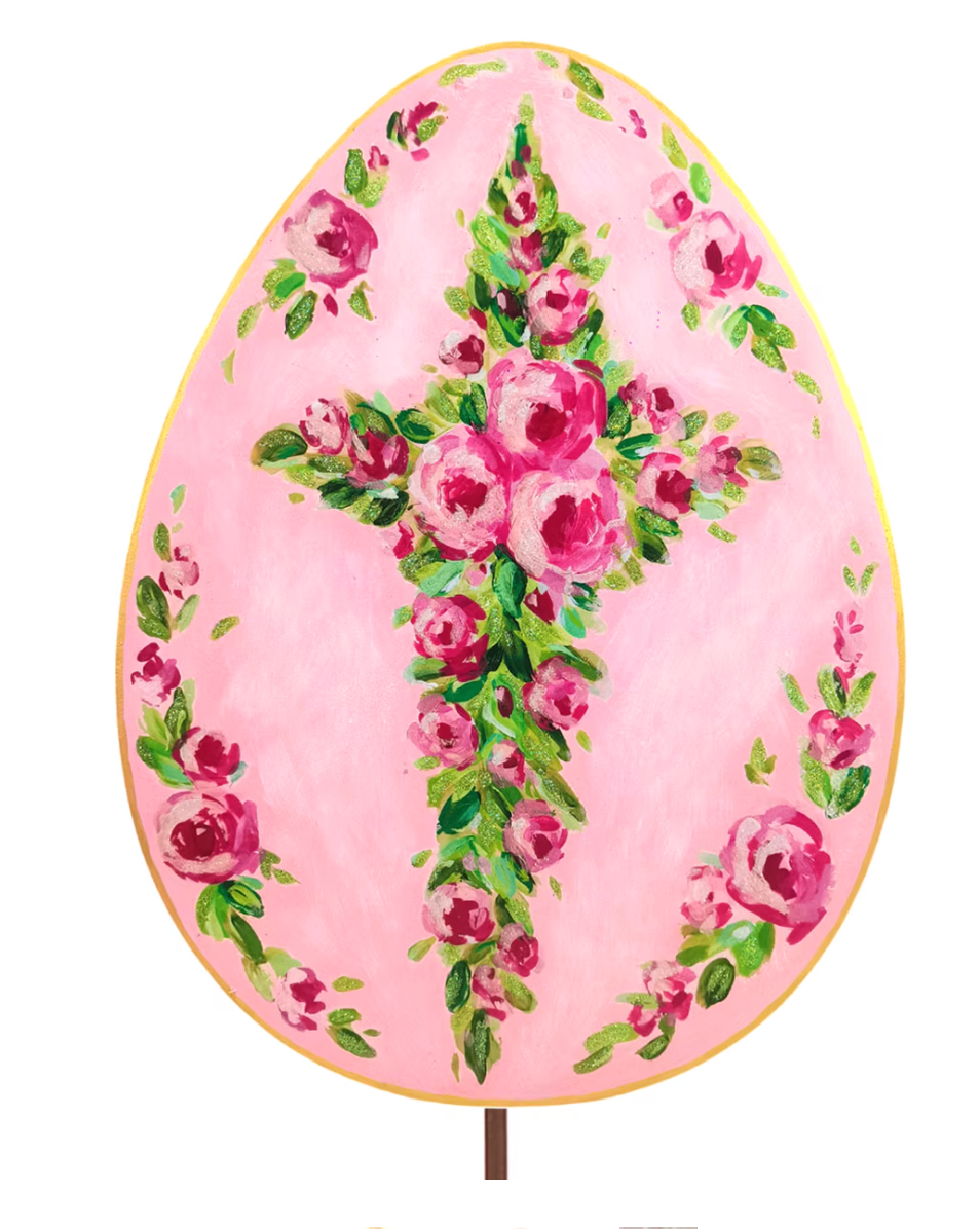Pink Roses Cross on Egg Garden Stake - Lizzy G's Fine Gifts