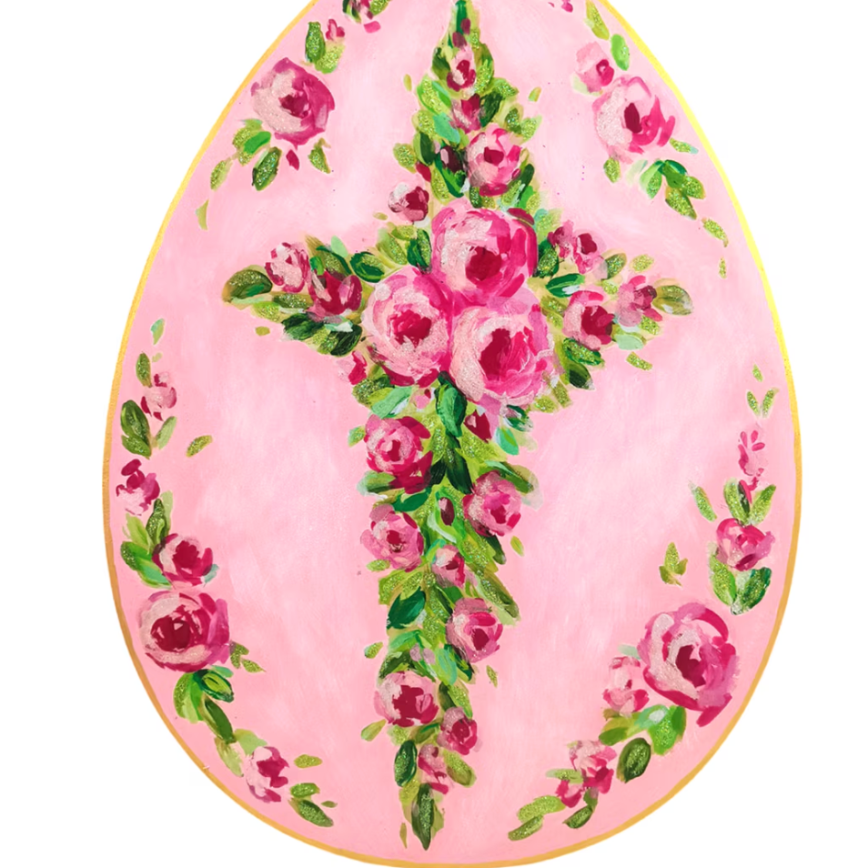 Pink Roses Cross on Egg Garden Stake - Lizzy G's Fine Gifts