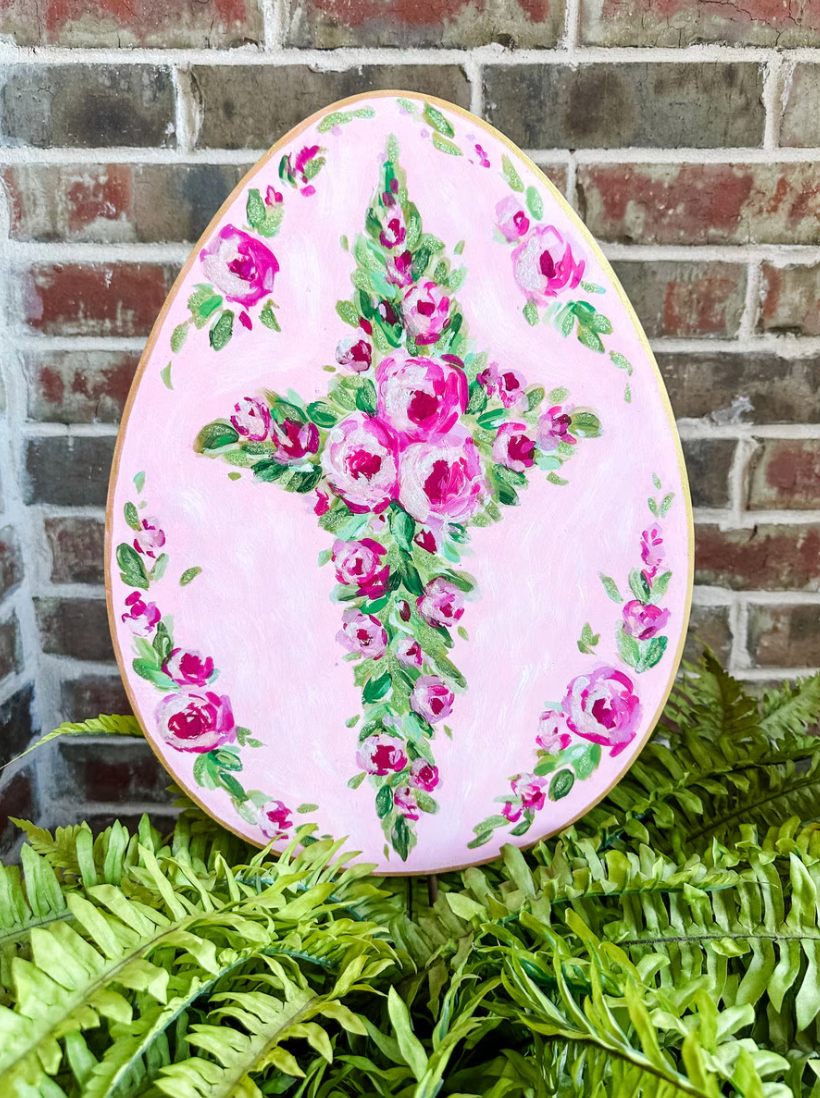 Pink Roses Cross on Egg Garden Stake - Lizzy G's Fine Gifts
